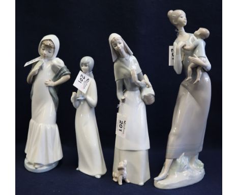 Lladro porcelain figurines to include; woman with puppy and mother and child. Together with Nao porcelain girl with fan and a