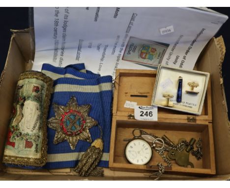 Independent Order of Oddfellows sash, together with a wooden money box containing silver open faced key wind pocket watch and