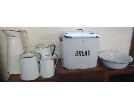 Collection of vintage enamel wares to include; bread bin, conical jugs and bowl. (6)(B.P. 24% incl. VAT)