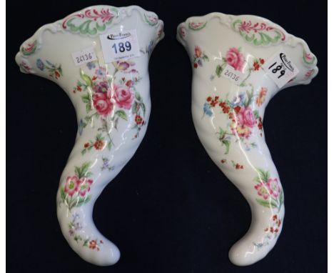 Pair of Royal Worcester porcelain transfer printed cornucopia vases, retail by Compton & Woodhouse. (2)(B.P. 24% incl. VAT)