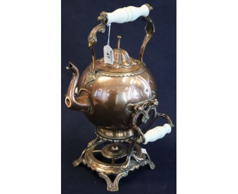 19th Century copper spirit kettle on brass stand with ceramic handles. (B.P. 24% incl. VAT)