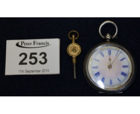 Continental silver engraved fob watch with enamel Roman dial, boxed. (B.P. 24% incl. VAT)