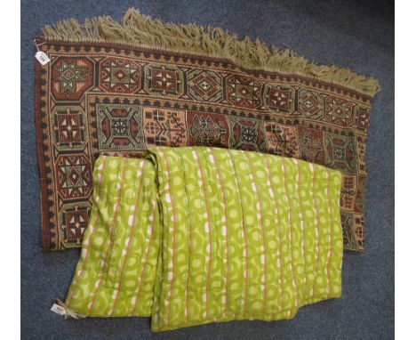 Small vintage green patterned mid Century quilt with label, together with a damask woven fringed edge geometric design wall h