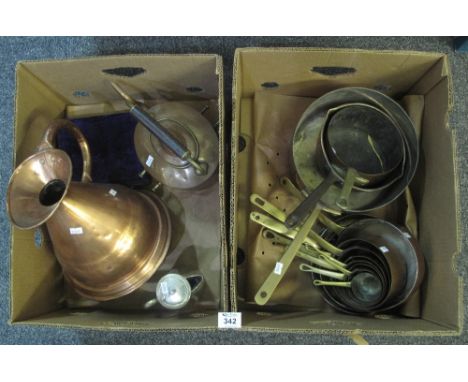 Two boxes of metalware, mainly copper and brass to include; graduated vintage saucepans, conical measuring jug, spirit kettle