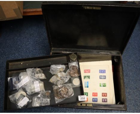 Tin box containing assorted GB coinage, first day covers including World Cup 1966, album of stamps, box of loose stamps etc. 