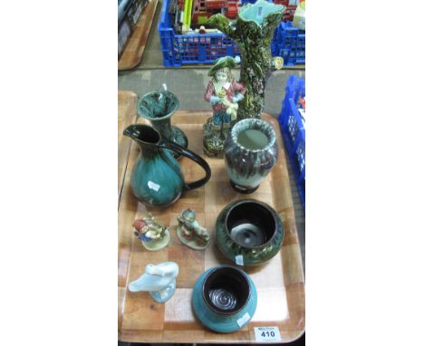 Tray of assorted china to include; Hummel figurines, continental figural spill vase, art pottery vases, Lladro geese etc.(B.P