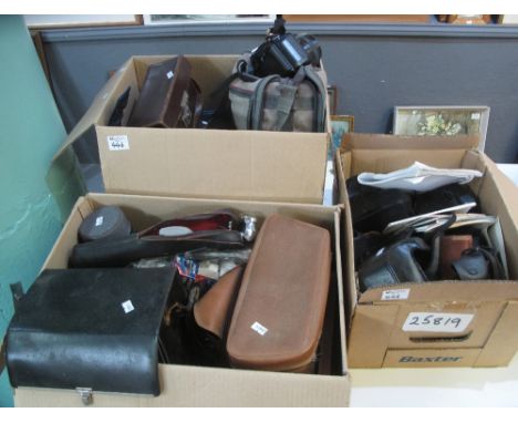 Three boxes of assorted cameras and other equipment to include; Nikon AF F-601 35mm camera, vintage Cine - Kodak eight model 