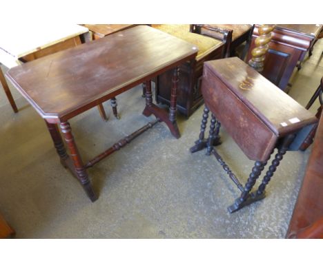 A Victorian Japanned walnut bobbin turned Sutherland table and a Victorian beech stretcher table 