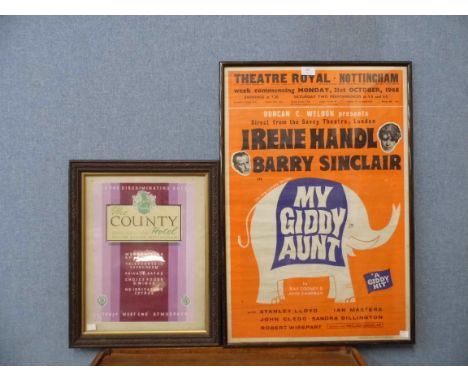 A vintage 1968 My Giddy Aunt, Theatre Royal Nottingham poster and The County Hotel, Nottingham print, framed 