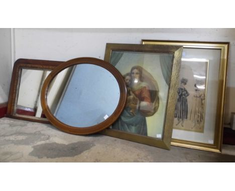 Two Edward VII inlaid mahogany mirrors, a fashion print and a religious print 