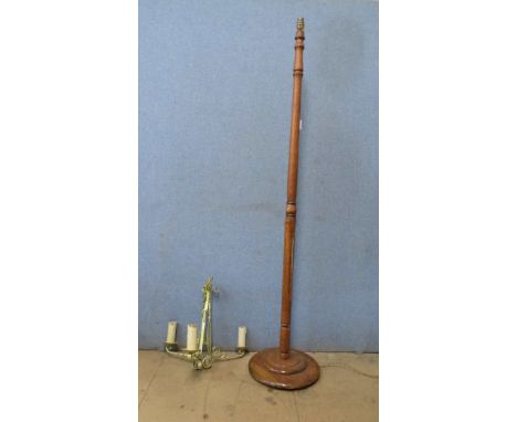 An oak standard lamp and a metal chandelier 