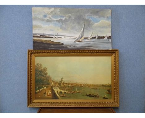 Chaz J. Simkins, coastal landscape, oil on board, dated 1972 and a print of 19th Century London 