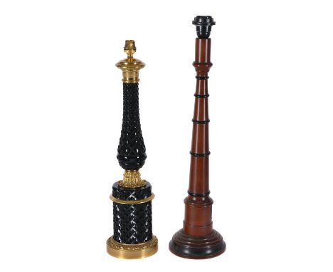 A moulded black glass and gilt metal mounted table lamp, of recent manufacture, 57cm high to top of fitment; and a turned woo
