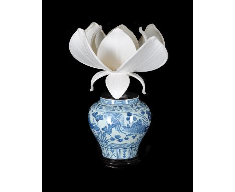 A Chinese blue and white vase in Ming style, Modern, adapted as a lamp, the vase 27cm high, with a shade originally supplied 