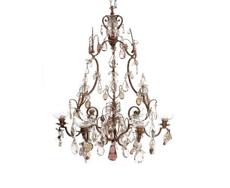 An Italian or French gilt iron and moulded clear, amber and amethyst glass mounted six light chandelier, 20th century, of cag