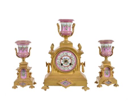 A French Sevres style porcelain and gilt metal mounted clock garniture, Japy Freres, late 19th century, the eight-day gong st