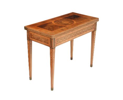 Y A Russian tulipwood and marquetry inlaid folding card table, circa 1870, the folding top enclosing a baize playing surface 