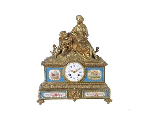 A French gilt metal and Sevres style porcelain mounted mantel clock, Japy Freres, 19th century, the eight-day bell striking m