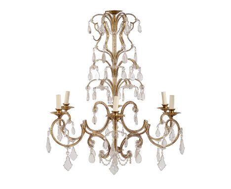 A Continental, probably Italian, gold painted wrought and sheet iron and glass mounted six light chandelier, late 20th centur