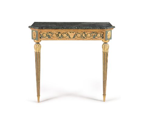 A dark green painted and parcel gilt console table, 19th century and later redecorated, 87cm high, 86cm wide, 45cm deepCondit