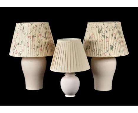 A pair of crackle glazed ceramic table lamps, modern, of inverted baluster form, 44cm high to tops of fitments, with floral p