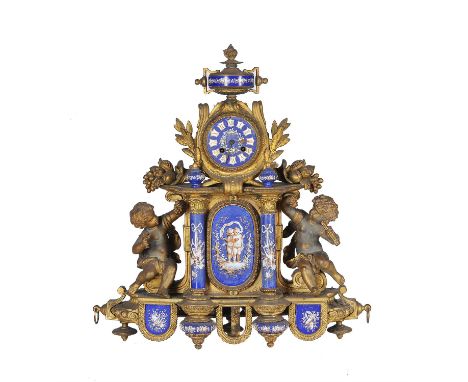 A French gilt metal and blue ceramic mounted mantel clock, second half 19th century, the eight-day bell striking movement wit