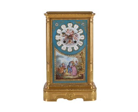 A French Sevres style porcelain and gilt metal mounted mantel clock, late 19th century, with eight-day striking movement, the
