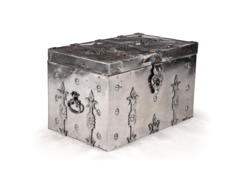 A polished steel trunk, 20th century, in the form of a 17th century strong box or coffre fort, 54cm high, 89cm wide, 54cm dee
