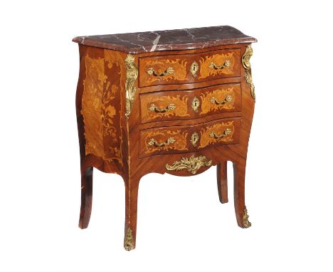 Y A kingwood and floral marquetry inlaid commode in Louis XV style, 20th century, of bombe outline, the shaped marble top abo