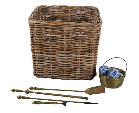 A substantial woven willow log basket, 20th century, of square form, 56cm high, 64cm wide; together with other assorted items