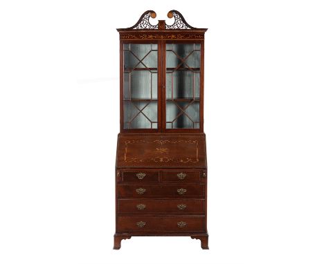 A mahogany and inlaid bureau bookcase, in George III Irish style, late 19th century, the fall enclosing a fitted interior, th