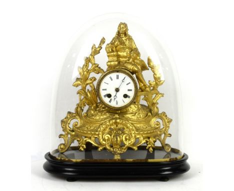 Late 19th century French gilt metal mantel clock, the white enamelled dial with twin train movement and Roman numerals, with 