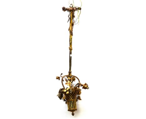 19th century Continental gilt metal ceiling hanging light in the form of a basket of roses, the five light with pink glass pe