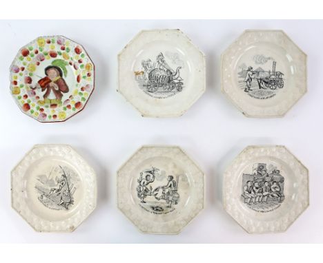 Staffordshire octagonal moulded pearlware plates, circa 1830, with satirical monochrome transfer prints; Symptoms of Ploughin