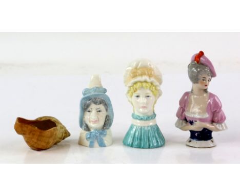 Two Royal Worcester candle snuffers, modelled as  Mrs Caudle &amp;  Mob Cap , Royal Worcester shell form posy vase, model no 