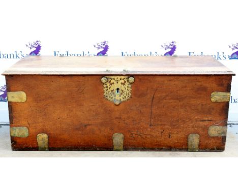 19th century mahogany and brass bound trunk with twin ring handles and double bird head key hole escutcheon, H61cm x W165cm x