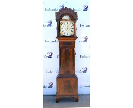 19th century mahogany and chequered banded eight-day longcase clock, painted arched dial with second and date aperture, by R 