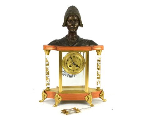 20th century mantel clock, brass drum movement marked Paris, mercury pendulum, with cast metal bust of lady to top above gilt