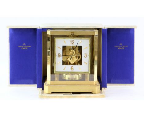 Jaeger-LeCoultre Atmos VIII clock, the square dial with alternating gilt Arabic numerals and dagger markers, contained in bru