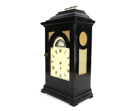 20th century ebonised mantel clock with single fusee movement, painted dial with Roman numerals, 52cm high,           