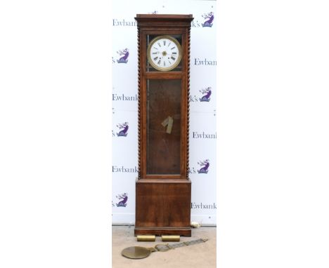 Early 20th century mahogany longcase clock, the round enamel dial with Roman numerals and outer minute track and central bras