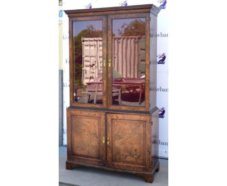 George III walnut side cupboard with herringbone banded decoration, panelled doors on bracket feet, the top surface altered t