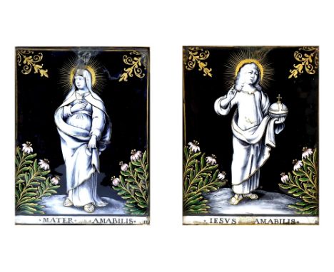 Jacques Laudin ll (French, c1665-1729). Pair of Enamel plaques. ‘Jesus Amabilis’ and ‘Mater Amabilis’. Both depicted on black
