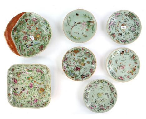 A Canton famille rose part service, comprising: a lozenge-shaped dish; a square serving dish; and five small dishes of circul