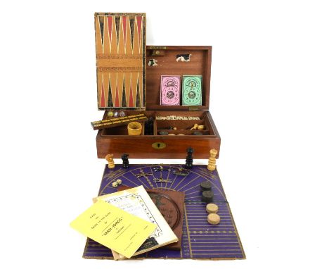 Game compendium, retailed by Asser &amp; Sherwin, in mahogany box, 34cm x 20cm x 10cm, letter scales with four stacking weigh