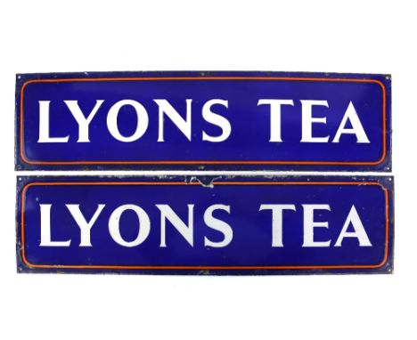 Lyons Tea enamel advertising sign, with white font on blue ground, with orange border, 18 x 68.5cm, and another matching (2) 