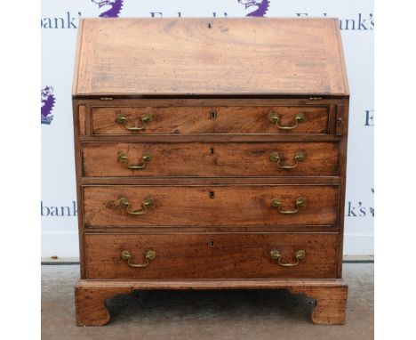 19th Century mahogany bureau, the fall front with fitted interior with four drawers to bracket base  -105 x 92 cm           