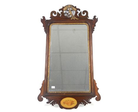 George III mahogany fret framed wall mirror with phoenix surmount and shell inlaid decoration, overall size 90cm x 51cm,     