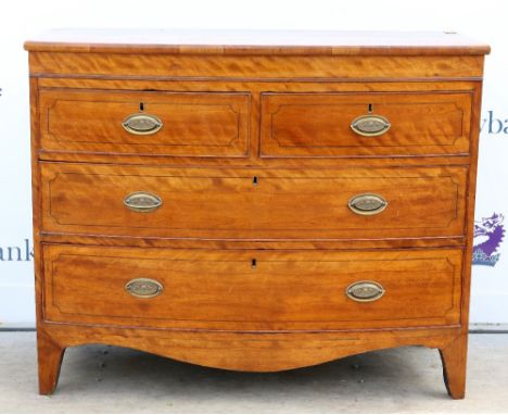 19th century inlaid mahogany and satinwood crossbanded bowfronted chest of two short over two long drawers, on bracket feet, 