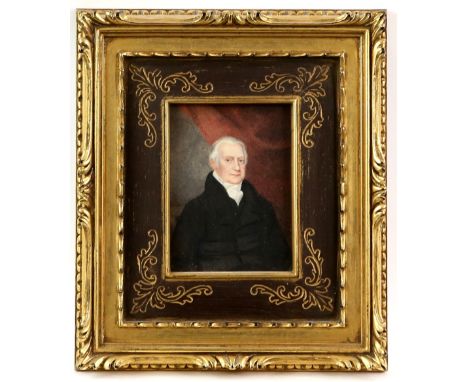 19th century portrait miniature of a gentleman in black coat with with white neck scarf and white hair, watercolour, unsigned